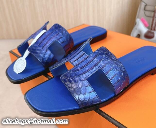 Charming Hermes Classic Oran Flat Slides Sandal in Snakeskin Embossed Leather Royal Blue 1008124