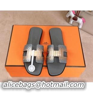 Popular Style Hermes Classic Oran Flat Slides Sandal in Snakeskin Embossed Leather Dark Grey 008125