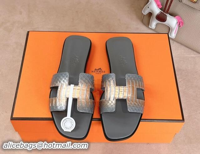 Popular Style Hermes Classic Oran Flat Slides Sandal in Snakeskin Embossed Leather Dark Grey 008125