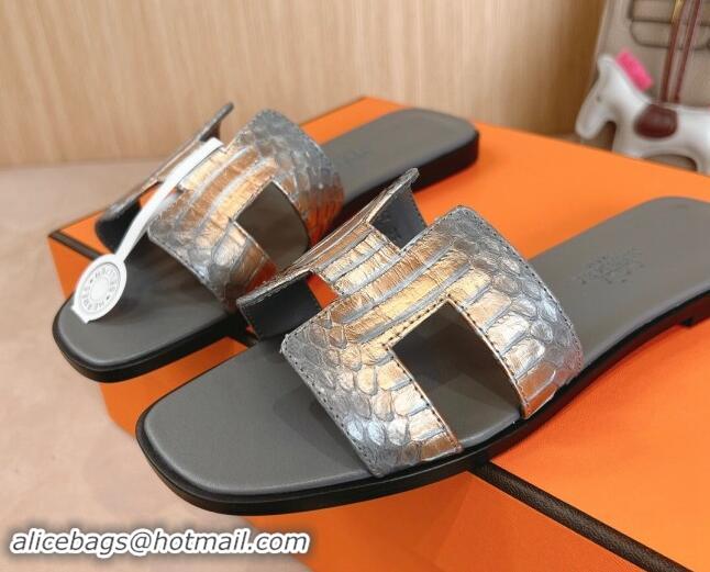 Popular Style Hermes Classic Oran Flat Slides Sandal in Snakeskin Embossed Leather Dark Grey 008125