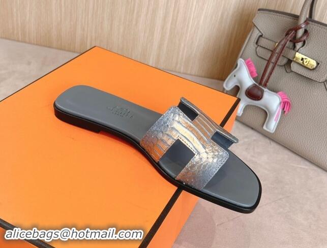 Popular Style Hermes Classic Oran Flat Slides Sandal in Snakeskin Embossed Leather Dark Grey 008125