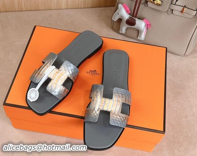 Popular Style Hermes Classic Oran Flat Slides Sandal in Snakeskin Embossed Leather Dark Grey 008125