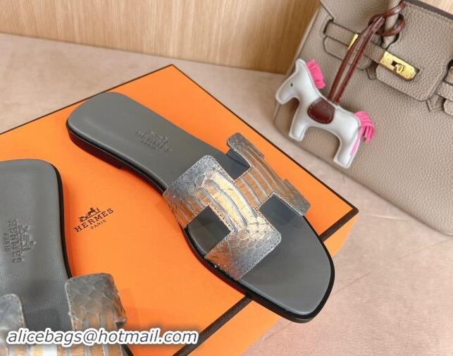 Popular Style Hermes Classic Oran Flat Slides Sandal in Snakeskin Embossed Leather Dark Grey 008125