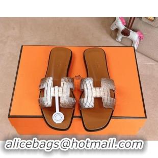 Good Quality Hermes Classic Oran Flat Slides Sandal in Snakeskin Embossed Leather Brown 1008126