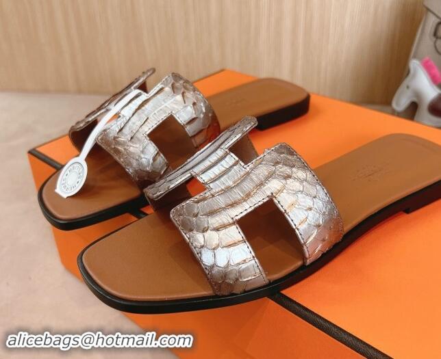 Good Quality Hermes Classic Oran Flat Slides Sandal in Snakeskin Embossed Leather Brown 1008126