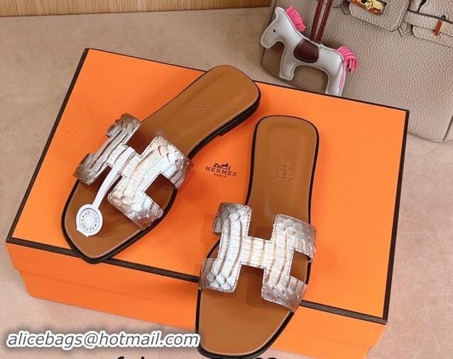 Good Quality Hermes Classic Oran Flat Slides Sandal in Snakeskin Embossed Leather Brown 1008126