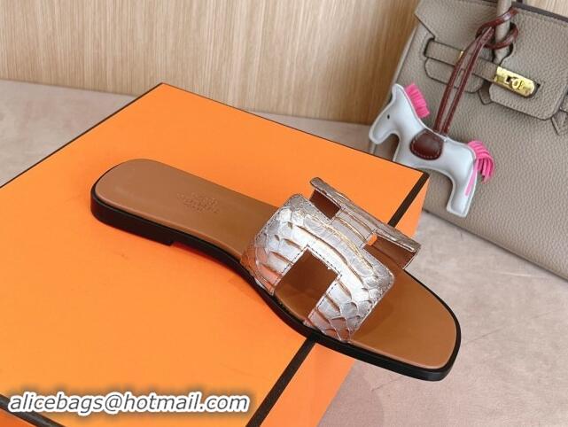 Good Quality Hermes Classic Oran Flat Slides Sandal in Snakeskin Embossed Leather Brown 1008126