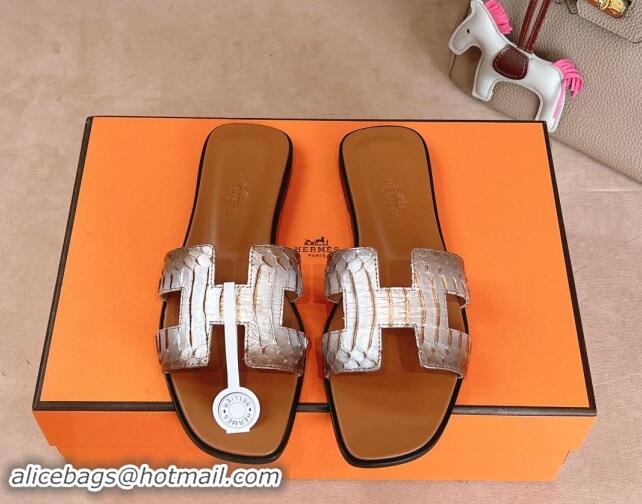 Good Quality Hermes Classic Oran Flat Slides Sandal in Snakeskin Embossed Leather Brown 1008126