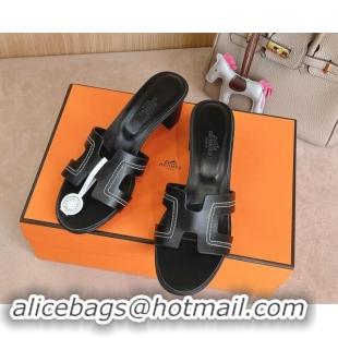 Luxury Cheap Hermes Classic Oasis Heel Slides Sandal 5cm in Calfskin with Stitches Black 1008127