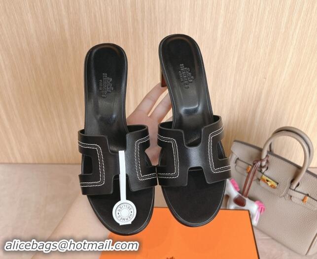 Luxury Cheap Hermes Classic Oasis Heel Slides Sandal 5cm in Calfskin with Stitches Black 1008127