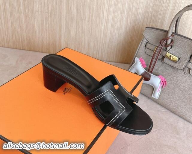 Luxury Cheap Hermes Classic Oasis Heel Slides Sandal 5cm in Calfskin with Stitches Black 1008127