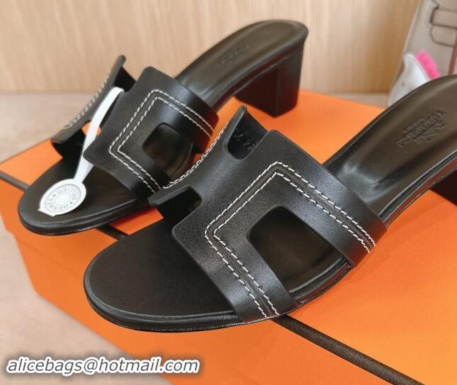 Luxury Cheap Hermes Classic Oasis Heel Slides Sandal 5cm in Calfskin with Stitches Black 1008127