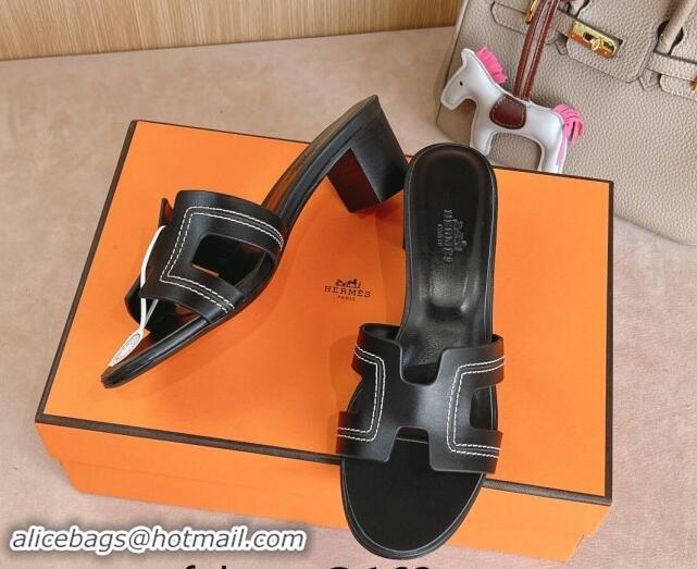 Luxury Cheap Hermes Classic Oasis Heel Slides Sandal 5cm in Calfskin with Stitches Black 1008127