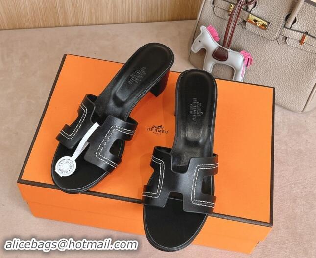 Luxury Cheap Hermes Classic Oasis Heel Slides Sandal 5cm in Calfskin with Stitches Black 1008127