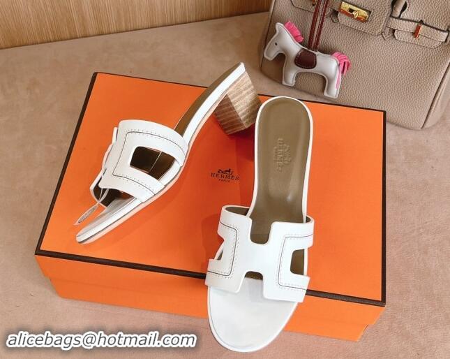 Hot Style Hermes Classic Oasis Heel Slides Sandal 5cm in Calfskin with Stitches White 1008128