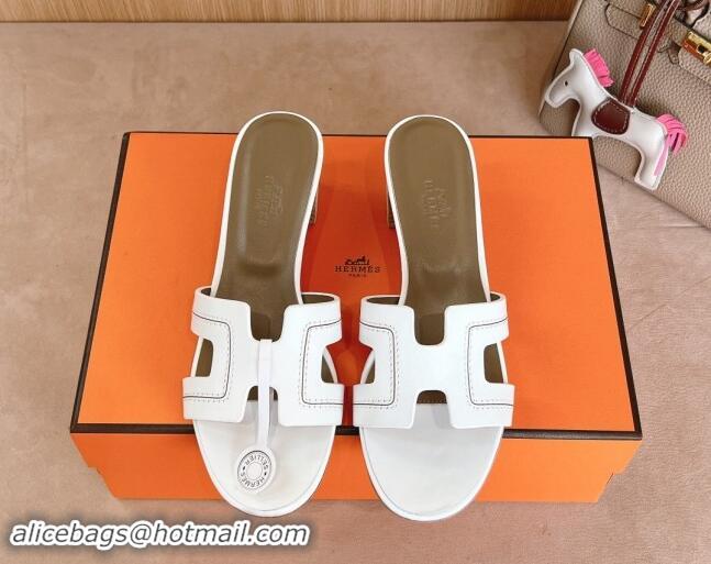 Hot Style Hermes Classic Oasis Heel Slides Sandal 5cm in Calfskin with Stitches White 1008128