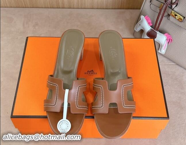 Sumptuous Hermes Classic Oasis Heel Slides Sandal 5cm in Calfskin with Stitches Brown 1008129