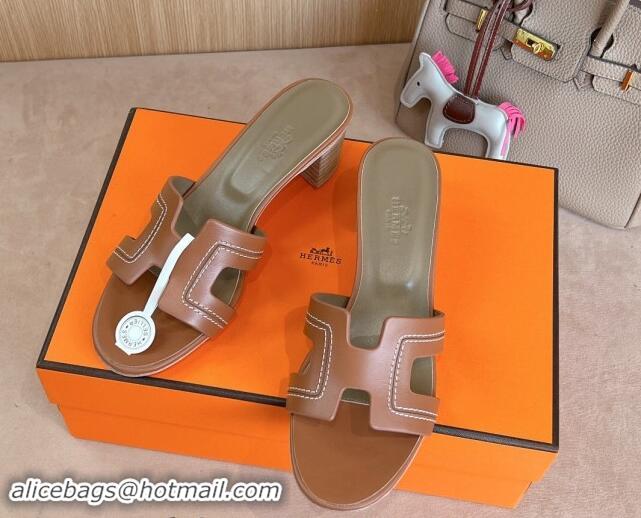 Sumptuous Hermes Classic Oasis Heel Slides Sandal 5cm in Calfskin with Stitches Brown 1008129