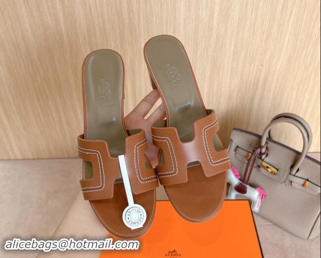 Sumptuous Hermes Classic Oasis Heel Slides Sandal 5cm in Calfskin with Stitches Brown 1008129