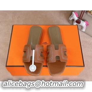 Purchase Hermes Classic Oran Flat Slides Sandal in Calfskin with Stitches Brown 1008130