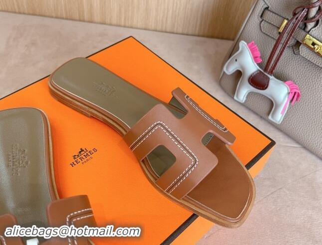 Purchase Hermes Classic Oran Flat Slides Sandal in Calfskin with Stitches Brown 1008130