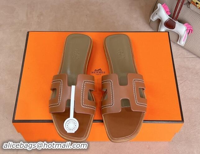 Purchase Hermes Classic Oran Flat Slides Sandal in Calfskin with Stitches Brown 1008130