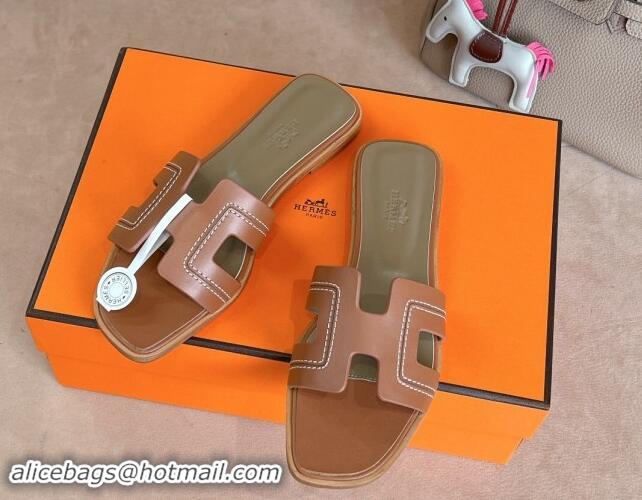 Purchase Hermes Classic Oran Flat Slides Sandal in Calfskin with Stitches Brown 1008130