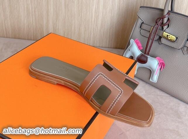 Purchase Hermes Classic Oran Flat Slides Sandal in Calfskin with Stitches Brown 1008130