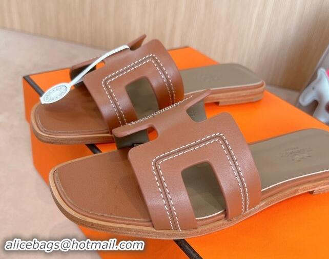 Purchase Hermes Classic Oran Flat Slides Sandal in Calfskin with Stitches Brown 1008130