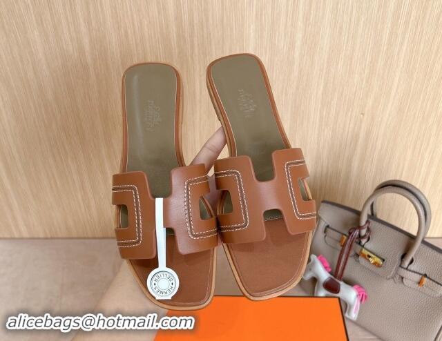 Purchase Hermes Classic Oran Flat Slides Sandal in Calfskin with Stitches Brown 1008130