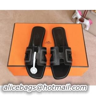 Good Quality Hermes Classic Oran Flat Slides Sandal in Calfskin with Stitches Black 1008132