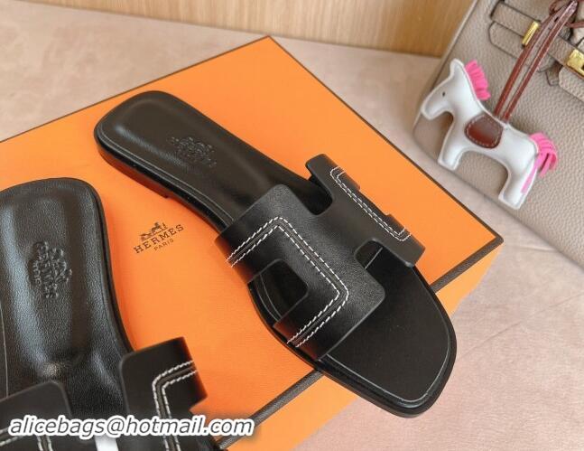 Good Quality Hermes Classic Oran Flat Slides Sandal in Calfskin with Stitches Black 1008132