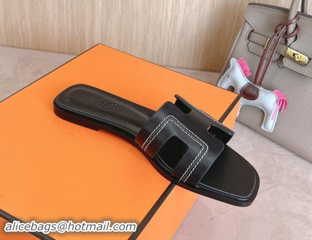 Good Quality Hermes Classic Oran Flat Slides Sandal in Calfskin with Stitches Black 1008132