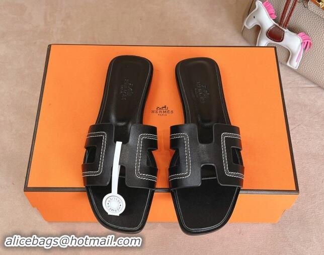 Good Quality Hermes Classic Oran Flat Slides Sandal in Calfskin with Stitches Black 1008132