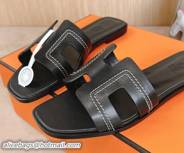 Good Quality Hermes Classic Oran Flat Slides Sandal in Calfskin with Stitches Black 1008132