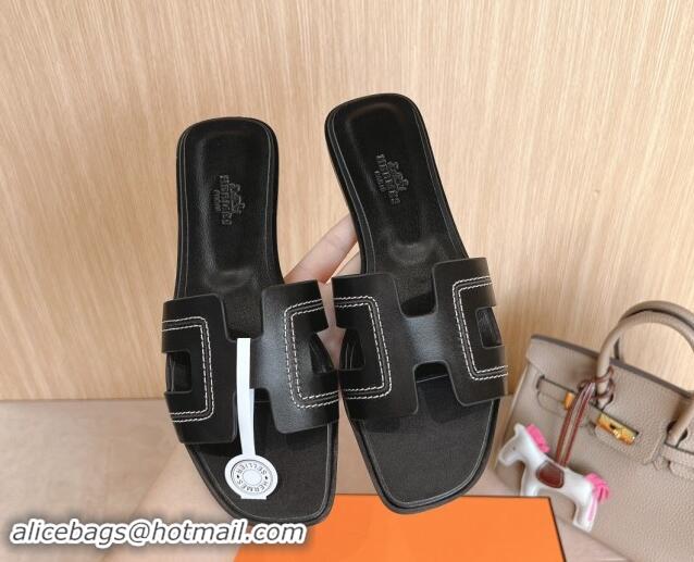 Good Quality Hermes Classic Oran Flat Slides Sandal in Calfskin with Stitches Black 1008132