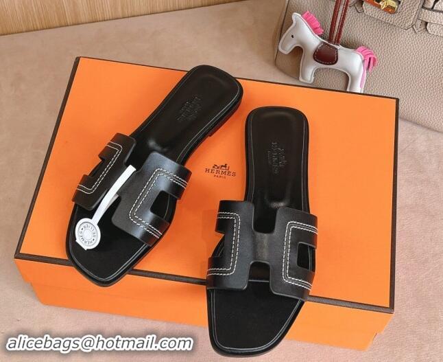 Good Quality Hermes Classic Oran Flat Slides Sandal in Calfskin with Stitches Black 1008132