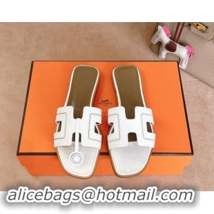 Classic Hot Hermes Classic Oran Flat Slides Sandal in Calfskin with Stitches White 1008131