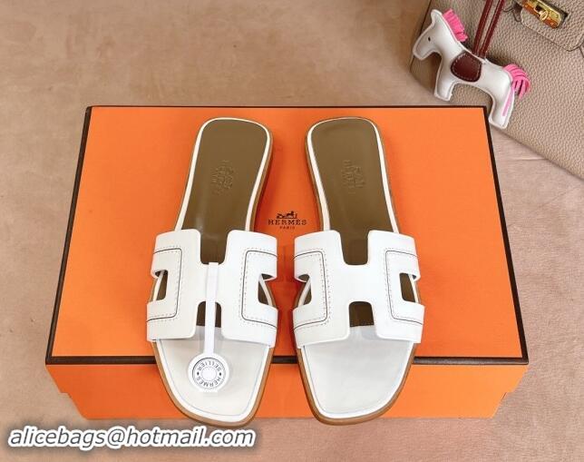 Classic Hot Hermes Classic Oran Flat Slides Sandal in Calfskin with Stitches White 1008131