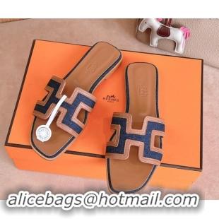 Stylish Hermes Classic Oran Flat Slides Sandal in Calfskin and Denim Blue 1008133