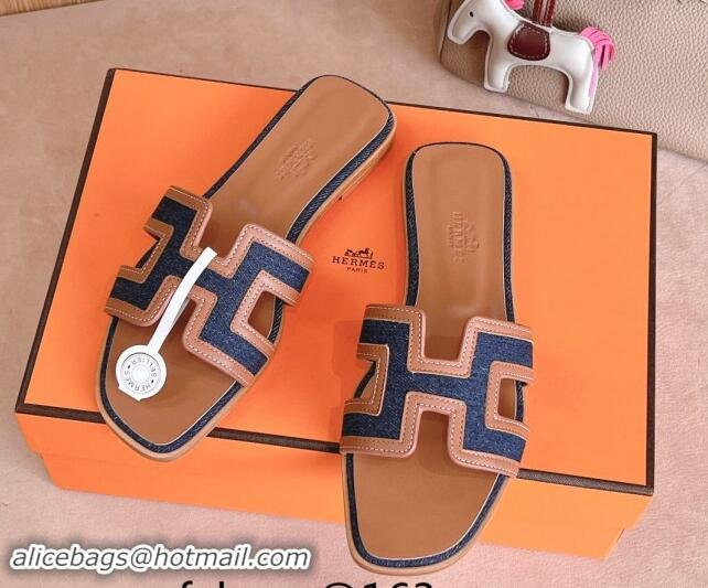 Stylish Hermes Classic Oran Flat Slides Sandal in Calfskin and Denim Blue 1008133