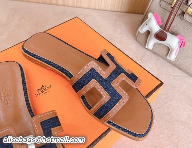 Stylish Hermes Classic Oran Flat Slides Sandal in Calfskin and Denim Blue 1008133