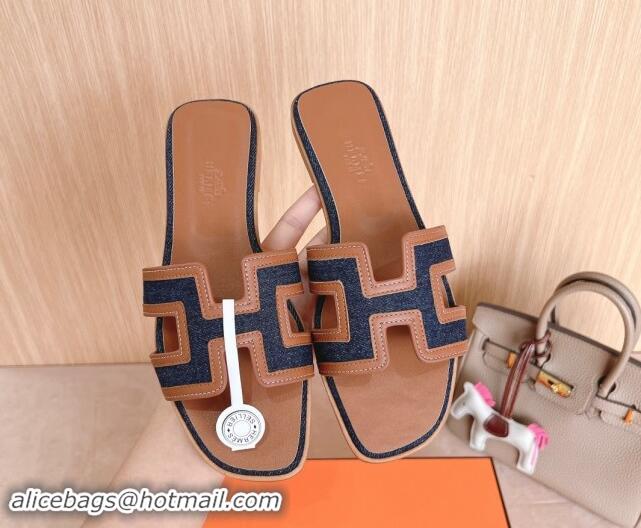 Stylish Hermes Classic Oran Flat Slides Sandal in Calfskin and Denim Blue 1008133