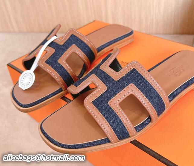 Stylish Hermes Classic Oran Flat Slides Sandal in Calfskin and Denim Blue 1008133