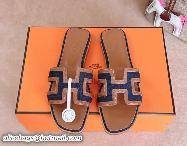 Stylish Hermes Classic Oran Flat Slides Sandal in Calfskin and Denim Blue 1008133