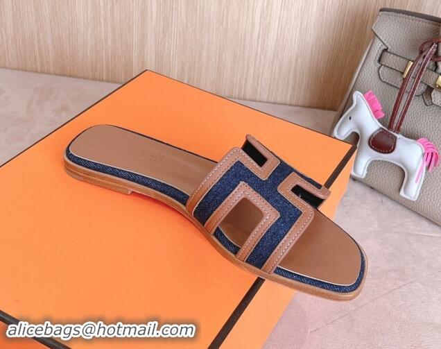 Stylish Hermes Classic Oran Flat Slides Sandal in Calfskin and Denim Blue 1008133