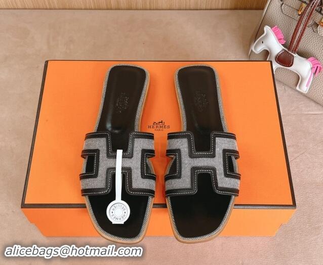 Grade Quality Hermes Classic Oran Flat Slides Sandal in Calfskin and Denim Black/Grey 1008135