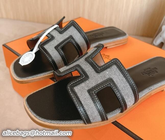 Grade Quality Hermes Classic Oran Flat Slides Sandal in Calfskin and Denim Black/Grey 1008135