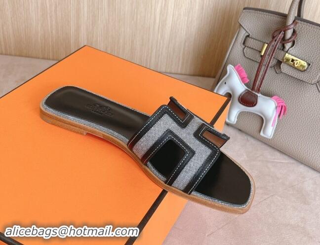 Grade Quality Hermes Classic Oran Flat Slides Sandal in Calfskin and Denim Black/Grey 1008135