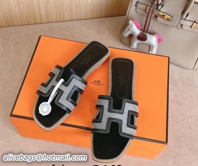 Grade Quality Hermes Classic Oran Flat Slides Sandal in Calfskin and Denim Black/Grey 1008135